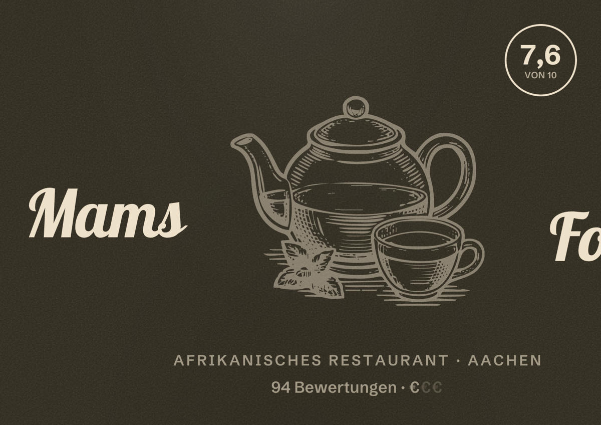 Illustriertes Poster von Mams Food, Afrikanisches Restaurant in Aachen: Bewertung 7,6 von 10 aus 94 Bewertungen, Preisniveau €