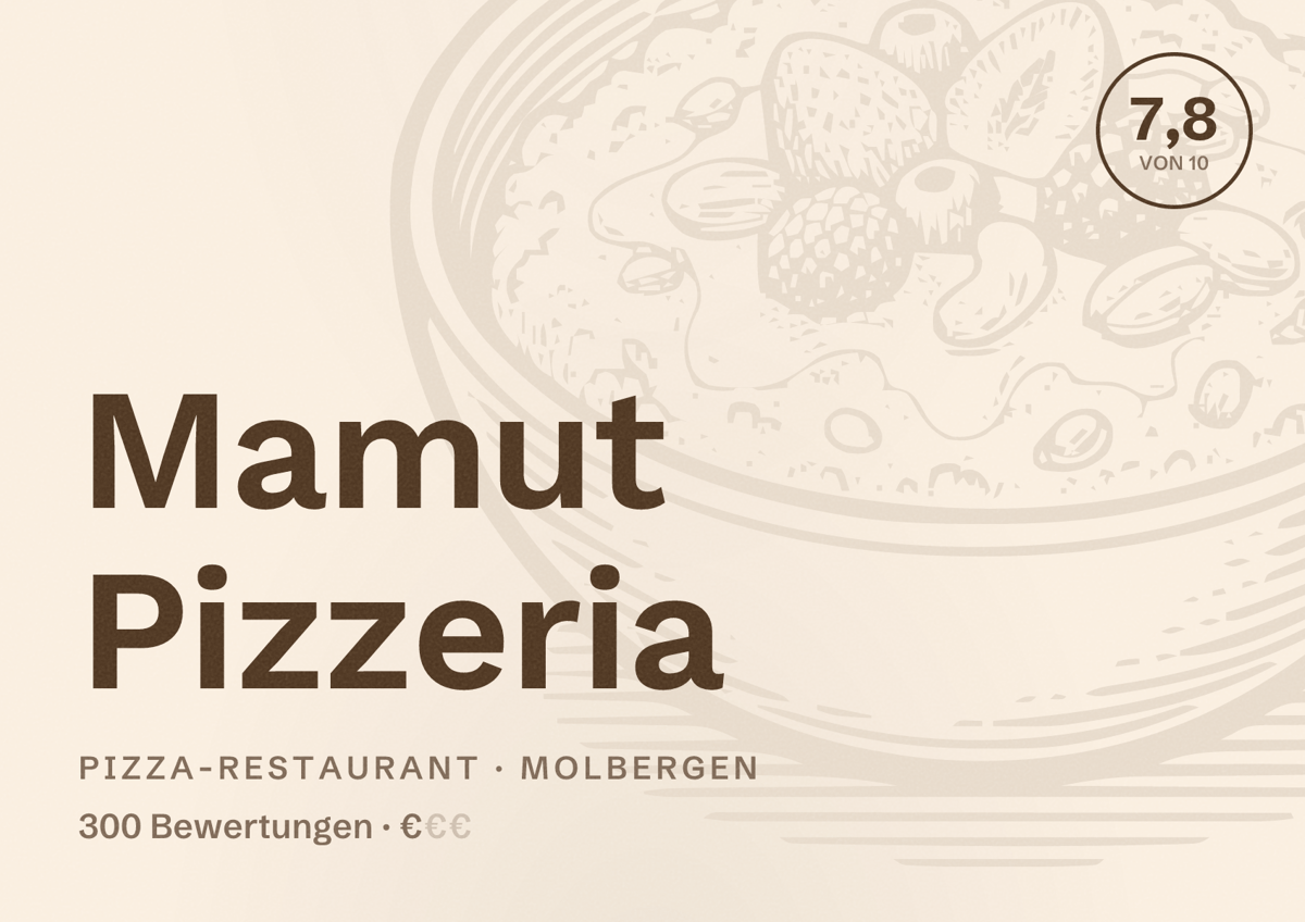 Illustriertes Poster von Mamut Pizzeria, Pizza-Restaurant in Molbergen: Bewertung 7,8 von 10 aus 300 Bewertungen, Preisniveau €