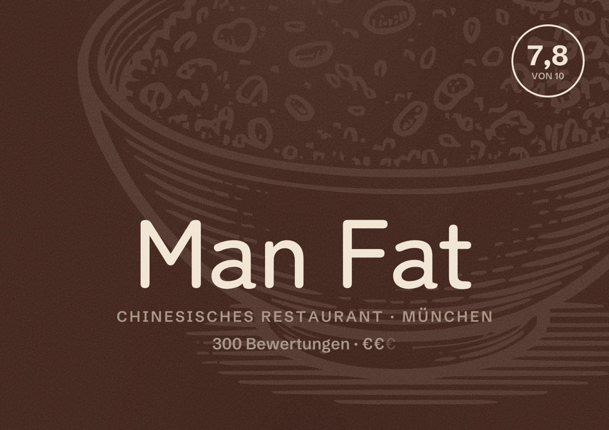 Illustriertes Poster von Man Fat, Chinesisches Restaurant in München: Bewertung 7,8 von 10 aus 300 Bewertungen, Preisniveau €€
