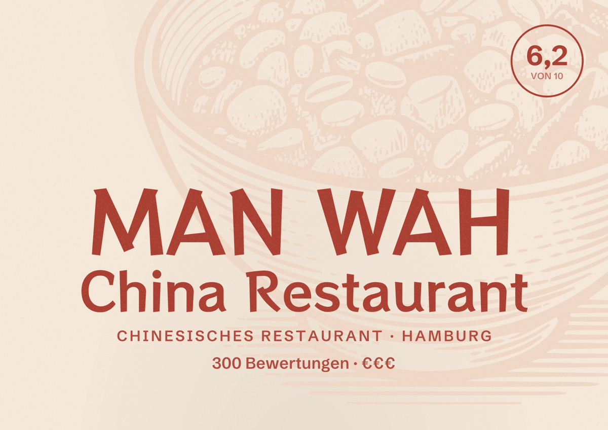 Illustriertes Poster von MAN WAH China Restaurant, Chinesisches Restaurant in Hamburg: Bewertung 6,2 von 10 aus 300 Bewertungen, Preisniveau €€€