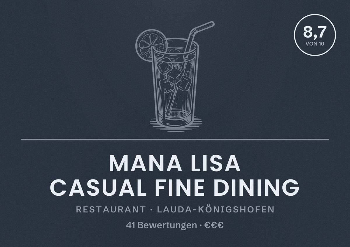 Illustriertes Poster von MANA LISA Casual Fine Dining, Restaurant in Lauda-Königshofen: Bewertung 8,7 von 10 aus 41 Bewertungen, Preisniveau €€€