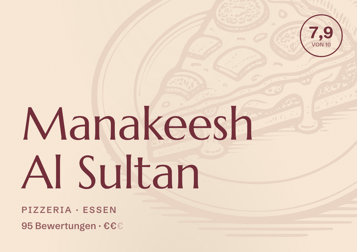 Illustriertes Poster von Manakeesh Al Sultan, Pizzeria in Essen: Bewertung 7,9 von 10 aus 95 Bewertungen, Preisniveau €€