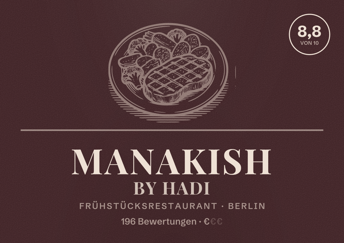 Illustriertes Poster von Manakish by Hadi, Frühstücksrestaurant in Berlin: Bewertung 8,8 von 10 aus 196 Bewertungen, Preisniveau €
