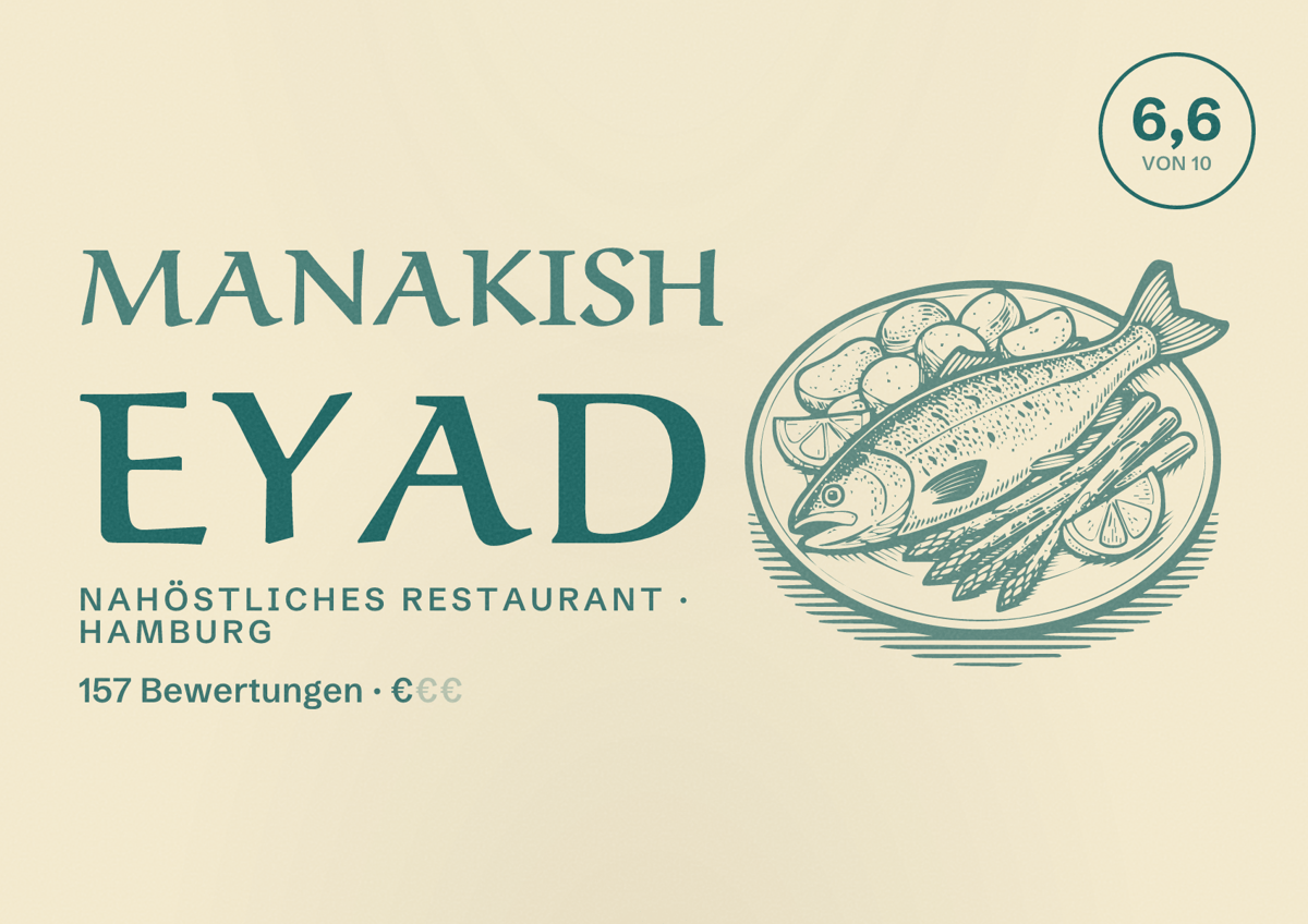 Illustriertes Poster von Manakish Eyad, Nahöstliches Restaurant in Hamburg: Bewertung 6,6 von 10 aus 157 Bewertungen, Preisniveau €