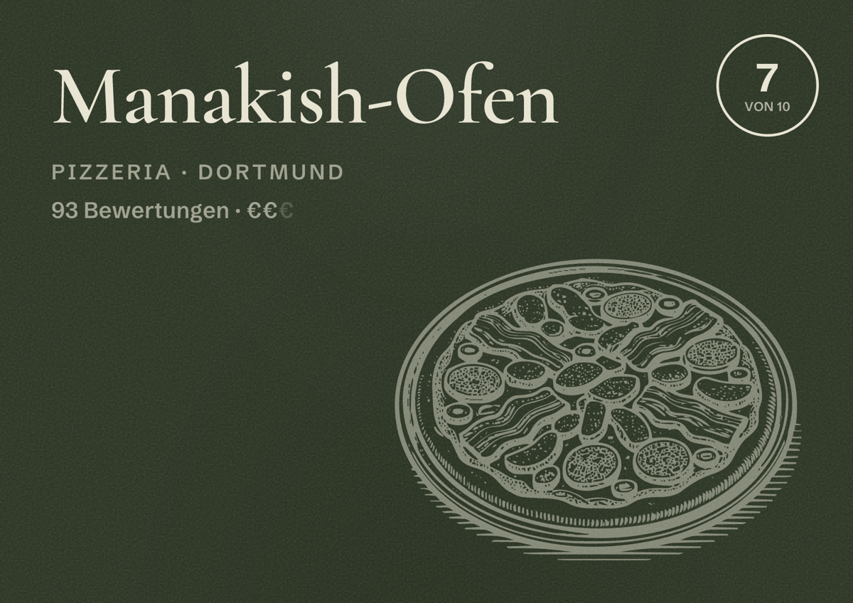 Illustriertes Poster von Manakish-Ofen, Pizzeria in Dortmund: Bewertung 7 von 10 aus 93 Bewertungen, Preisniveau €€