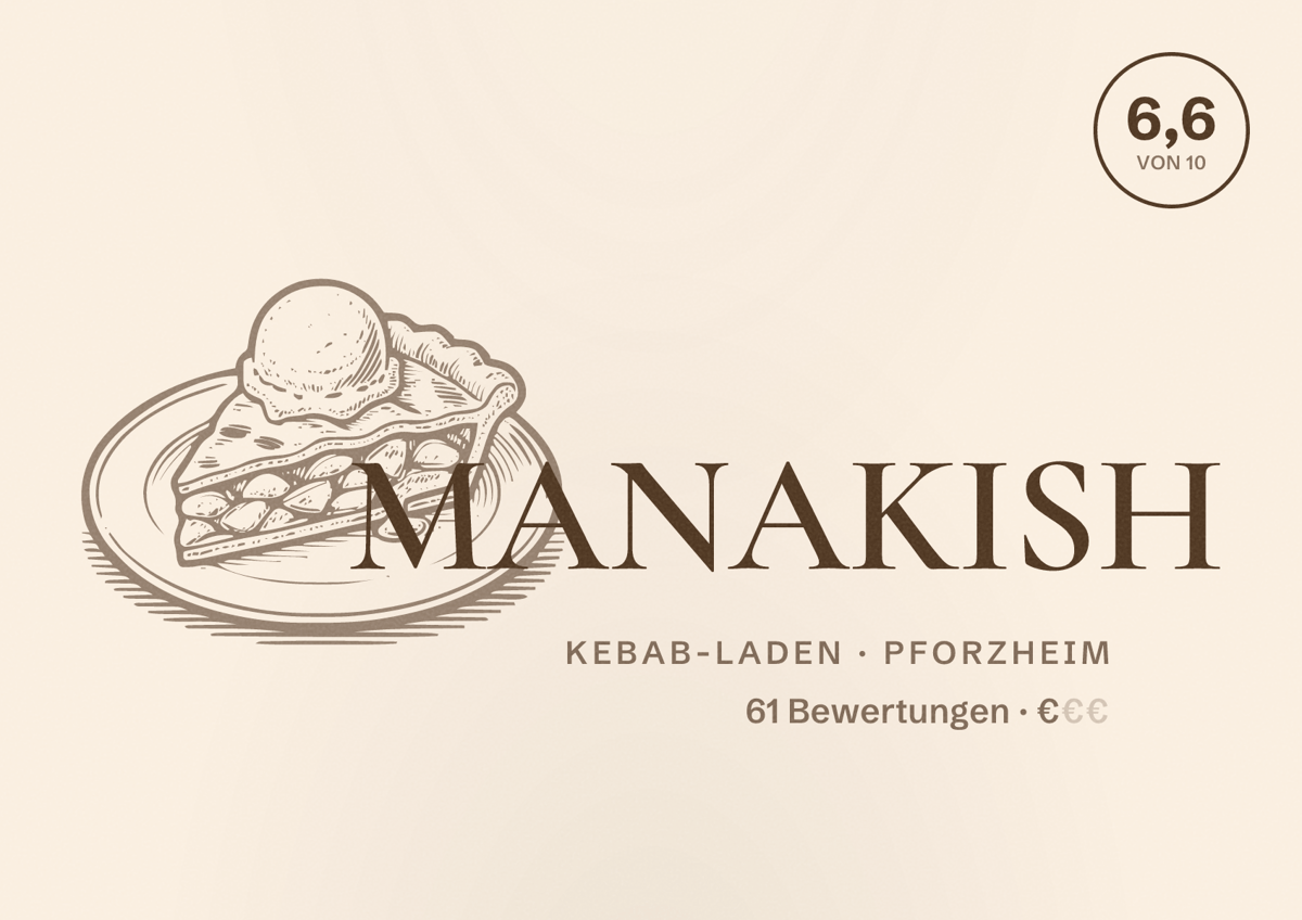 Illustriertes Poster von MANAKISH, Kebab-Laden in Pforzheim: Bewertung 6,6 von 10 aus 61 Bewertungen, Preisniveau €