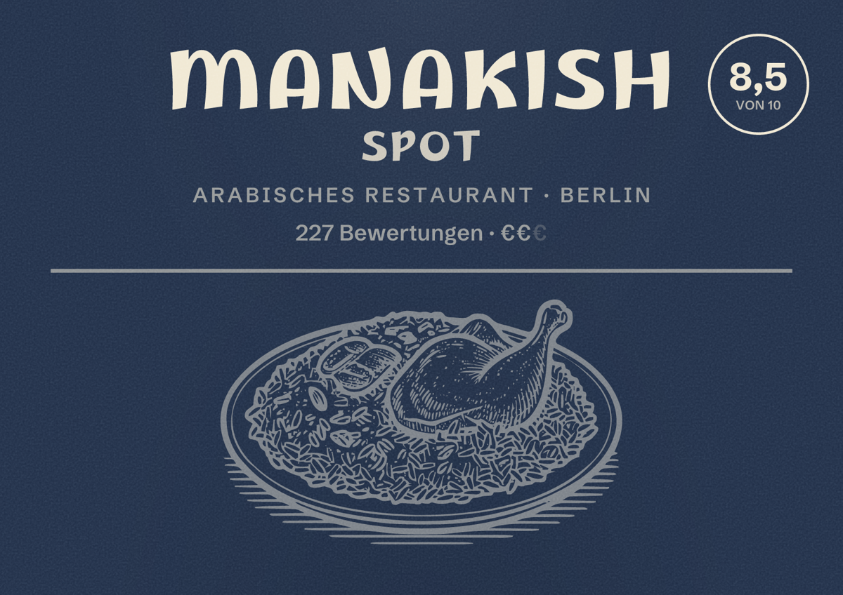 Illustriertes Poster von Manakish Spot, Arabisches Restaurant in Berlin: Bewertung 8,5 von 10 aus 227 Bewertungen, Preisniveau €€