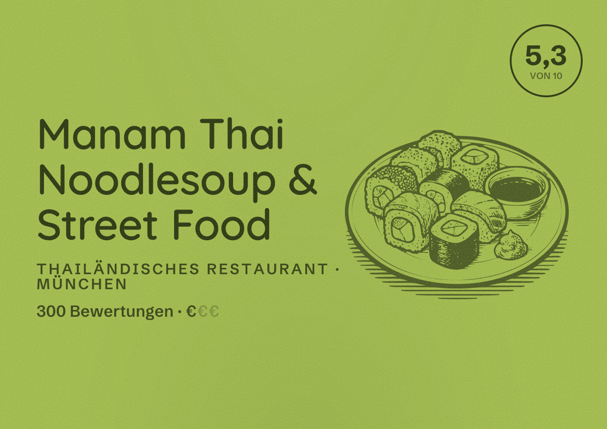 Illustriertes Poster von Manam Thai Noodlesoup & Street Food, Thailändisches Restaurant in München: Bewertung 5,3 von 10 aus 300 Bewertungen, Preisniveau €