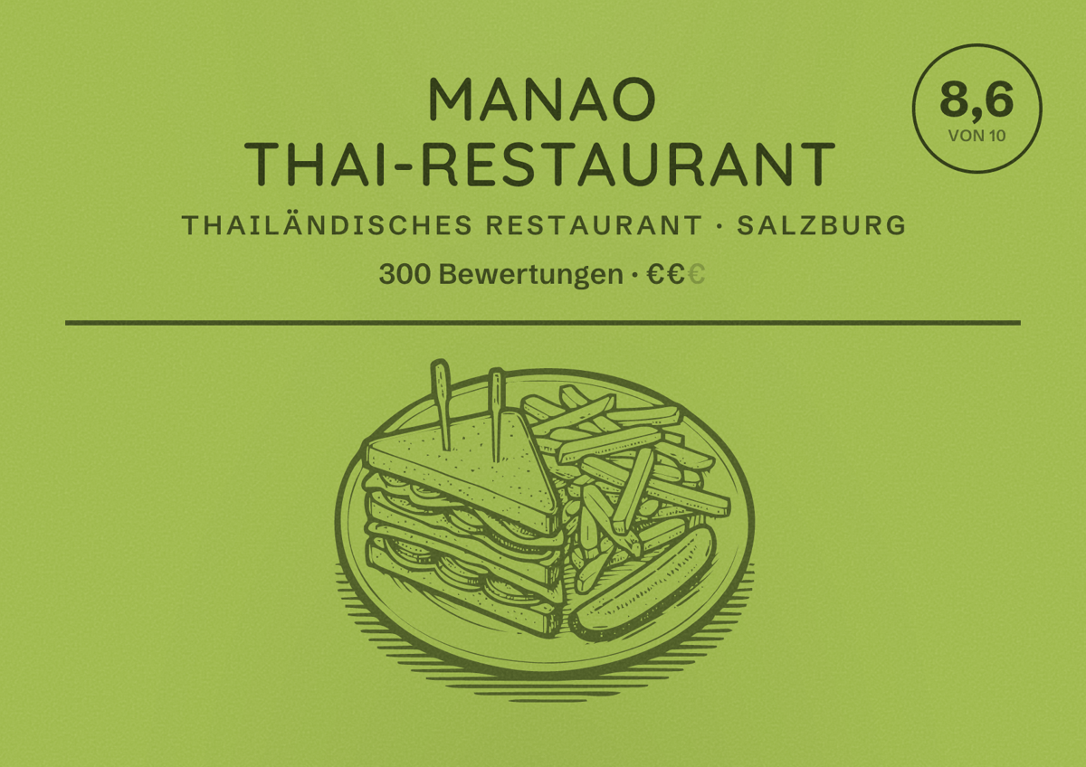 Illustriertes Poster von Manao Thai-Restaurant, Thailändisches Restaurant in Salzburg: Bewertung 8,6 von 10 aus 300 Bewertungen, Preisniveau €€