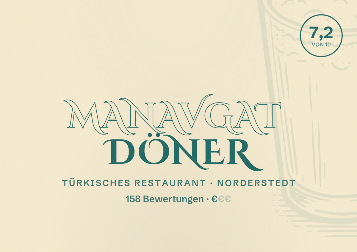 Illustriertes Poster von Manavgat Döner, Türkisches Restaurant in Norderstedt: Bewertung 7,2 von 10 aus 158 Bewertungen, Preisniveau €