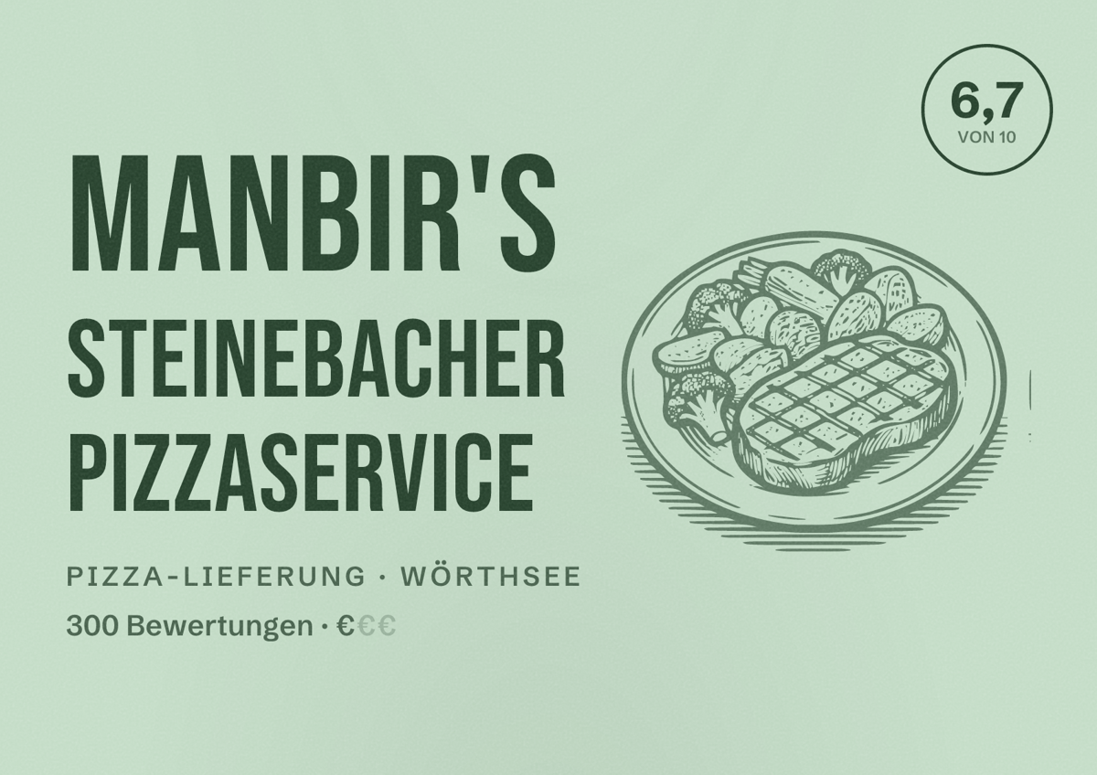 Illustriertes Poster von Manbir's Steinebacher Pizzaservice, Pizza-Lieferung in Wörthsee: Bewertung 6,7 von 10 aus 300 Bewertungen, Preisniveau €