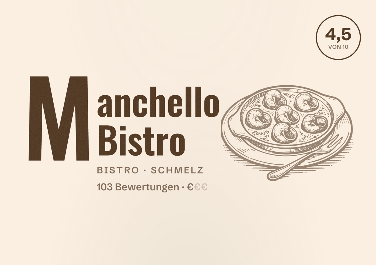 Illustriertes Poster von Manchello Bistro, Bistro in Schmelz: Bewertung 4,5 von 10 aus 103 Bewertungen, Preisniveau €
