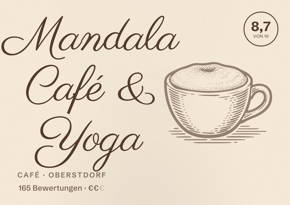 Illustriertes Poster von Mandala Café & Yoga, Café in Oberstdorf: Bewertung 8,7 von 10 aus 165 Bewertungen, Preisniveau €€