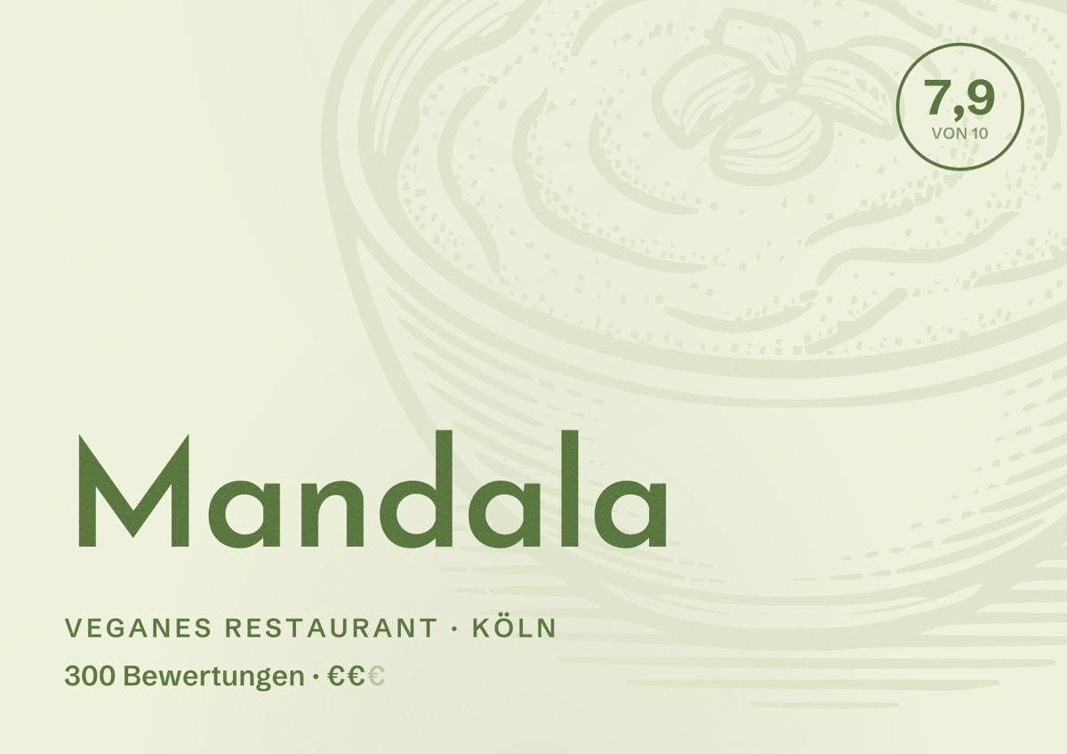 Illustriertes Poster von Mandala, Veganes Restaurant in Köln: Bewertung 7,9 von 10 aus 300 Bewertungen, Preisniveau €€