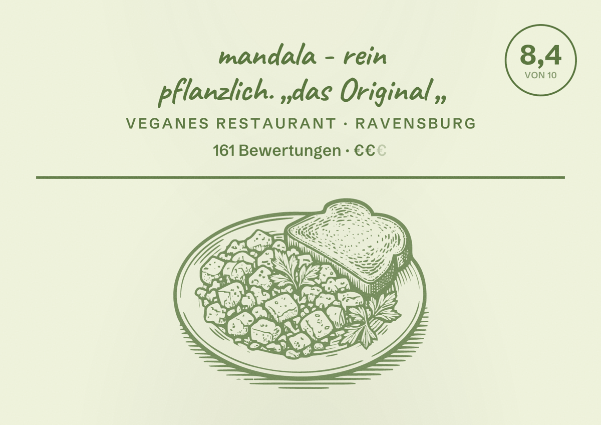 Illustriertes Poster von mandala - rein pflanzlich. „das Original „, Veganes Restaurant in Ravensburg: Bewertung 8,4 von 10 aus 161 Bewertungen, Preisniveau €€