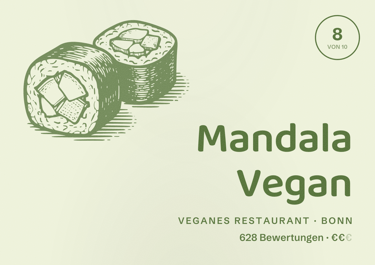 Illustriertes Poster von Mandala Vegan, Veganes Restaurant in Bonn: Bewertung 8 von 10 aus 628 Bewertungen, Preisniveau €€