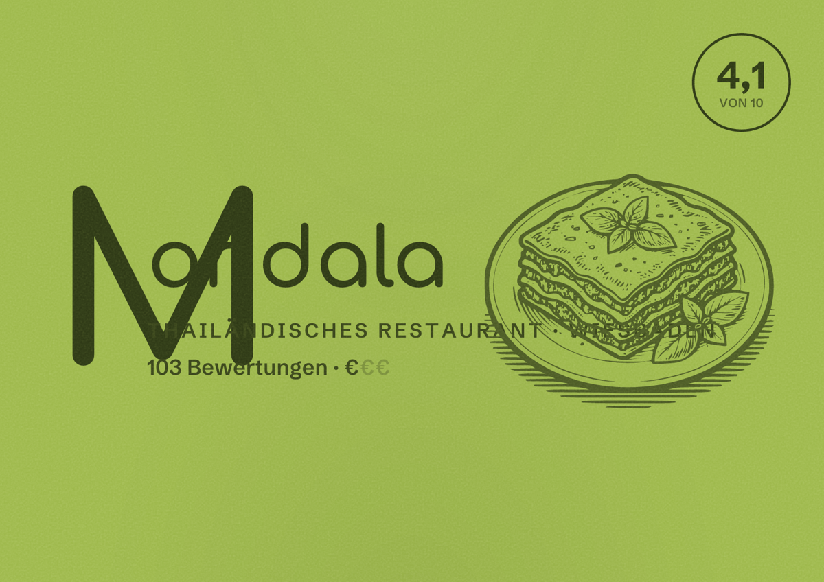 Illustriertes Poster von Mandala, Thailändisches Restaurant in Wiesbaden: Bewertung 4,1 von 10 aus 103 Bewertungen, Preisniveau €
