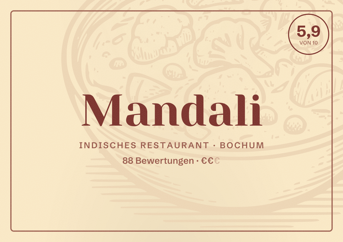 Illustriertes Poster von Mandali, Indisches Restaurant in Bochum: Bewertung 5,9 von 10 aus 88 Bewertungen, Preisniveau €€