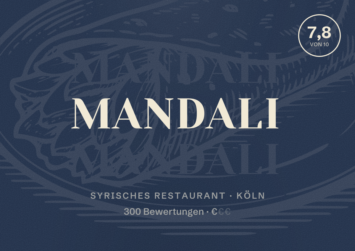 Illustriertes Poster von Mandali, Syrisches Restaurant in Köln: Bewertung 7,8 von 10 aus 300 Bewertungen, Preisniveau €