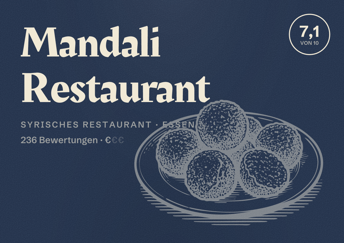 Illustriertes Poster von Mandali Restaurant, Syrisches Restaurant in Essen: Bewertung 7,1 von 10 aus 236 Bewertungen, Preisniveau €