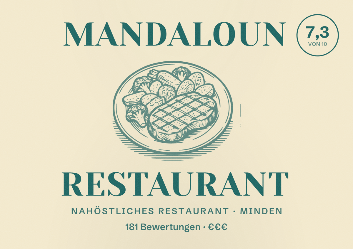 Illustriertes Poster von Mandaloun Restaurant, Nahöstliches Restaurant in Minden: Bewertung 7,3 von 10 aus 181 Bewertungen, Preisniveau €€€