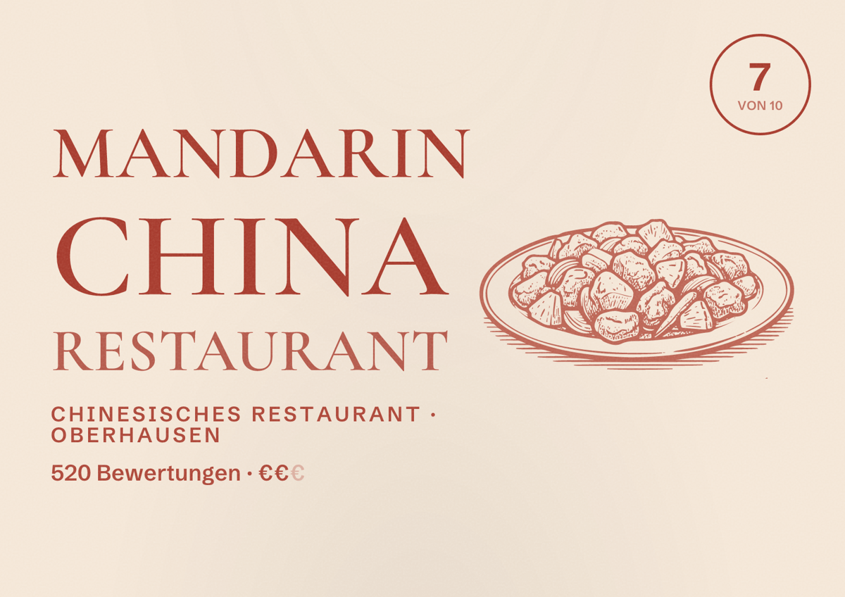 Illustriertes Poster von Mandarin China Restaurant, Chinesisches Restaurant in Oberhausen: Bewertung 7 von 10 aus 520 Bewertungen, Preisniveau €€