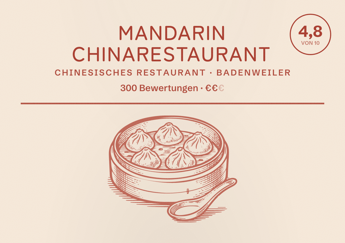 Illustriertes Poster von Mandarin Chinarestaurant, Chinesisches Restaurant in Badenweiler: Bewertung 4,8 von 10 aus 300 Bewertungen, Preisniveau €€