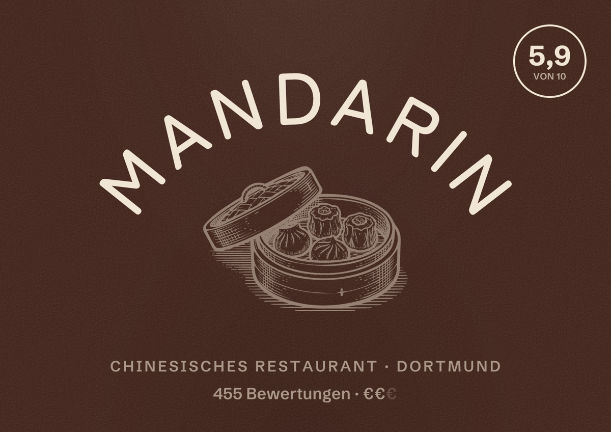 Illustriertes Poster von Mandarin, Chinesisches Restaurant in Dortmund: Bewertung 5,9 von 10 aus 455 Bewertungen, Preisniveau €€