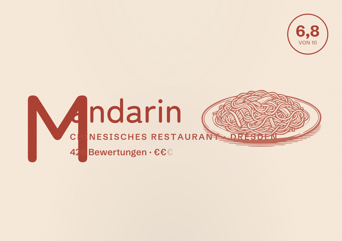 Illustriertes Poster von Mandarin, Chinesisches Restaurant in Dresden: Bewertung 6,8 von 10 aus 426 Bewertungen, Preisniveau €€