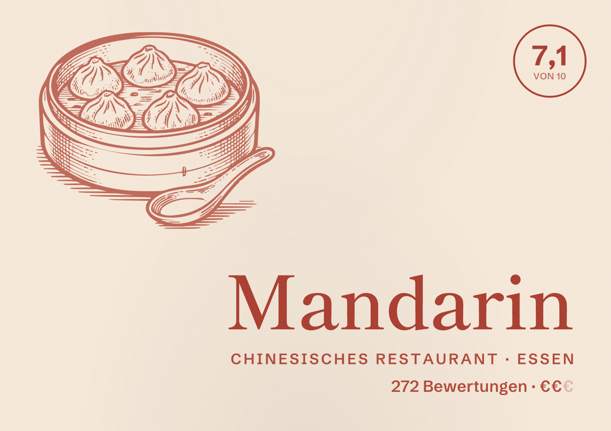 Illustriertes Poster von Mandarin, Chinesisches Restaurant in Essen: Bewertung 7,1 von 10 aus 272 Bewertungen, Preisniveau €€