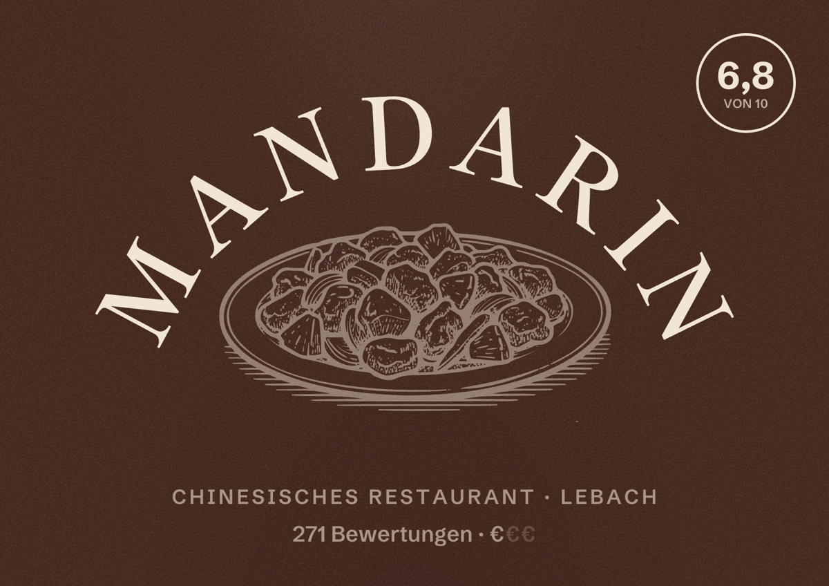 Illustriertes Poster von Mandarin, Chinesisches Restaurant in Lebach: Bewertung 6,8 von 10 aus 271 Bewertungen, Preisniveau €