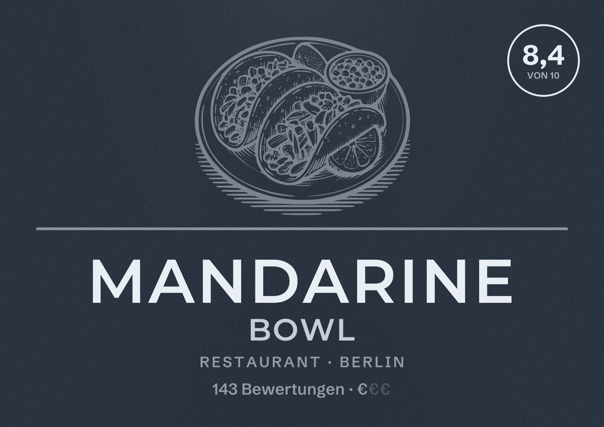 Illustriertes Poster von Mandarine Bowl, Restaurant in Berlin: Bewertung 8,4 von 10 aus 143 Bewertungen, Preisniveau €