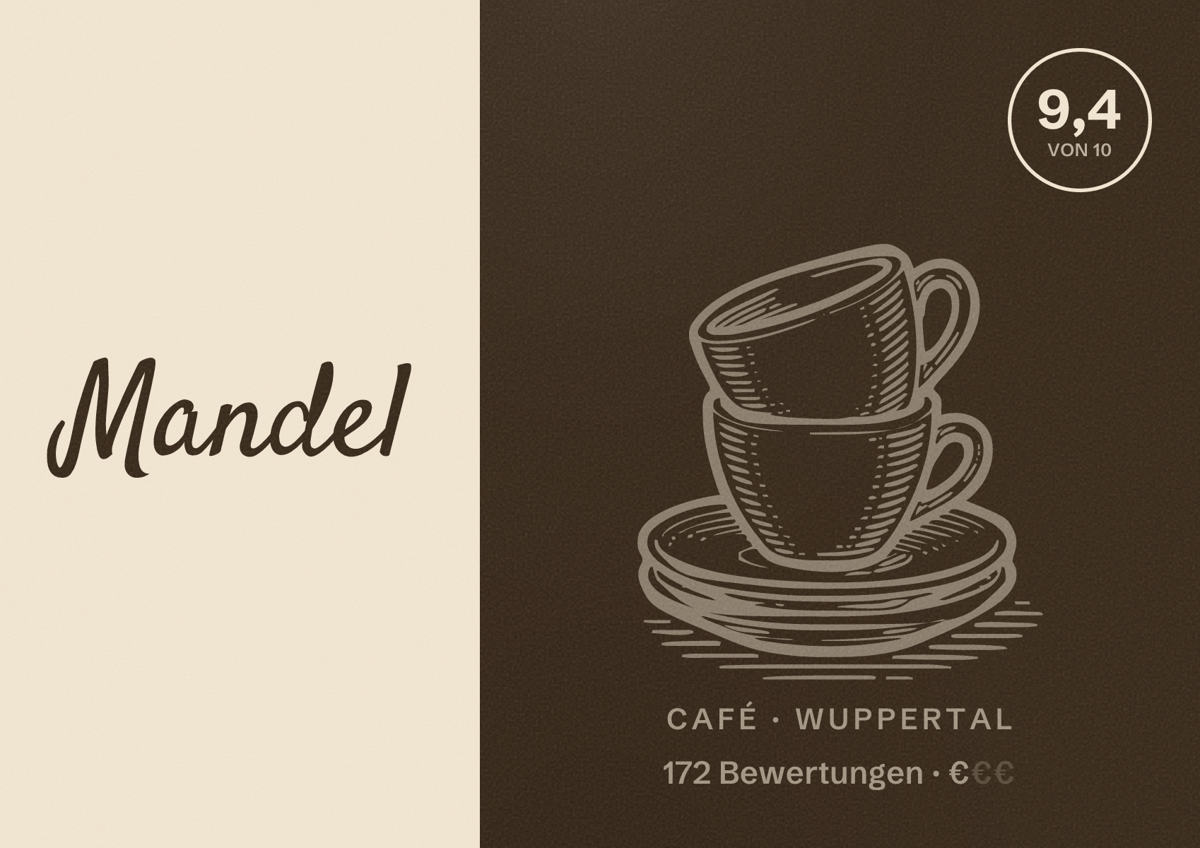 Illustriertes Poster von Mandel, Café in Wuppertal: Bewertung 9,4 von 10 aus 172 Bewertungen, Preisniveau €