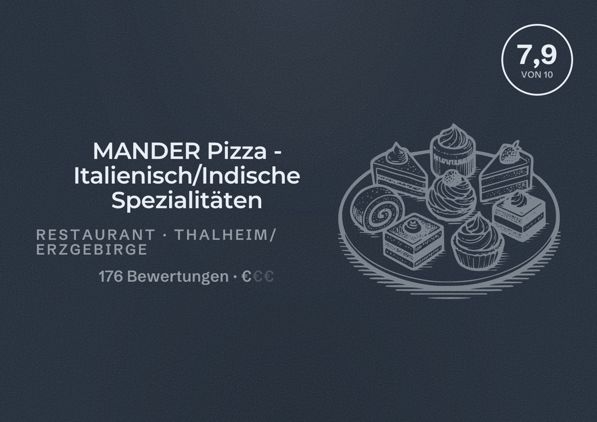 Illustriertes Poster von MANDER Pizza - Italienisch/Indische Spezialitäten, Restaurant in Thalheim/Erzgebirge: Bewertung 7,9 von 10 aus 176 Bewertungen, Preisniveau €
