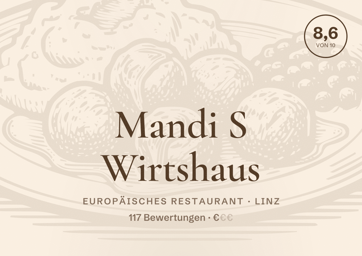 Illustriertes Poster von Mandi S Wirtshaus, Europäisches Restaurant in Linz: Bewertung 8,6 von 10 aus 117 Bewertungen, Preisniveau €