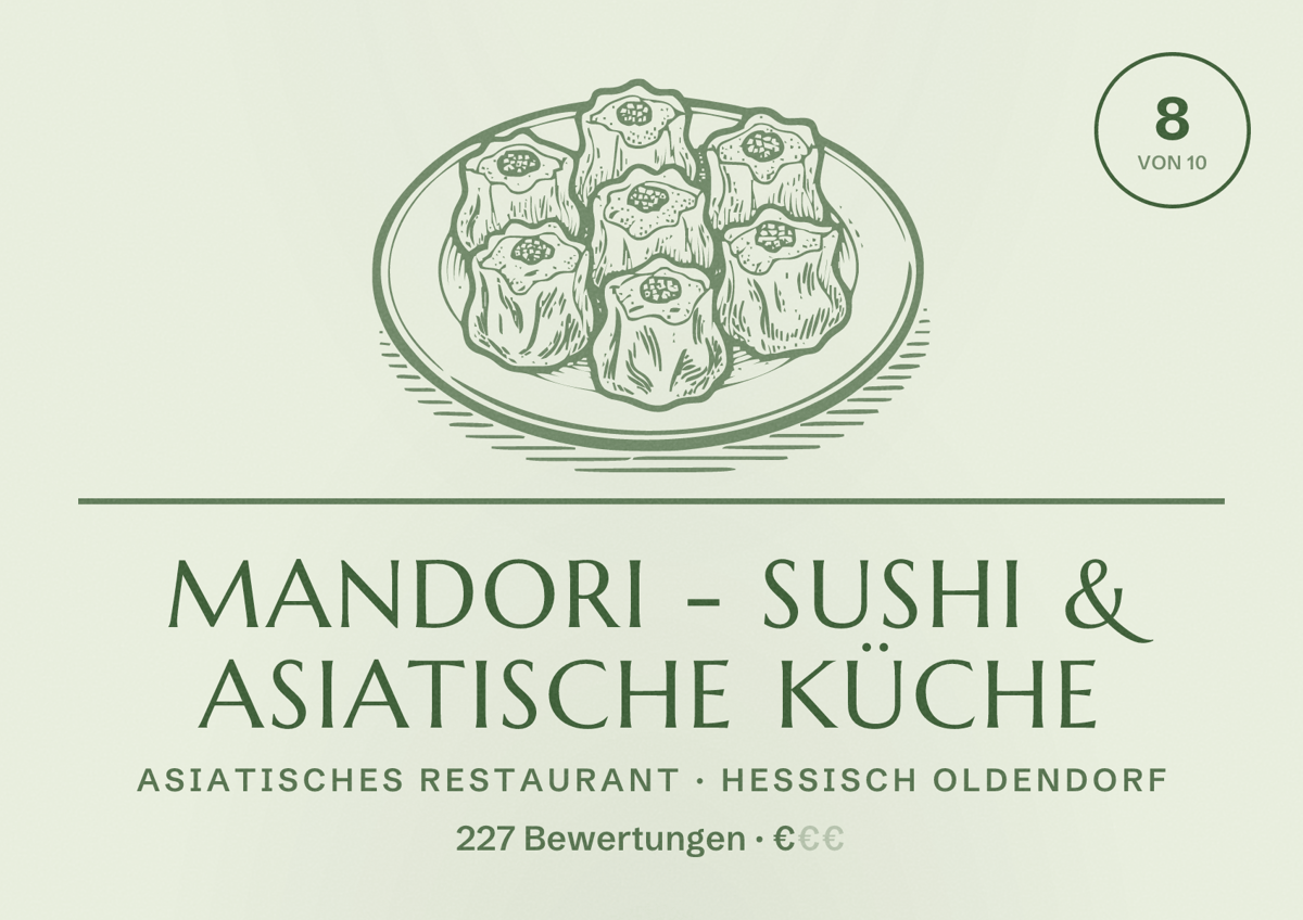 Illustriertes Poster von Mandori - Sushi & Asiatische Küche, Asiatisches Restaurant in Hessisch Oldendorf: Bewertung 8 von 10 aus 227 Bewertungen, Preisniveau €