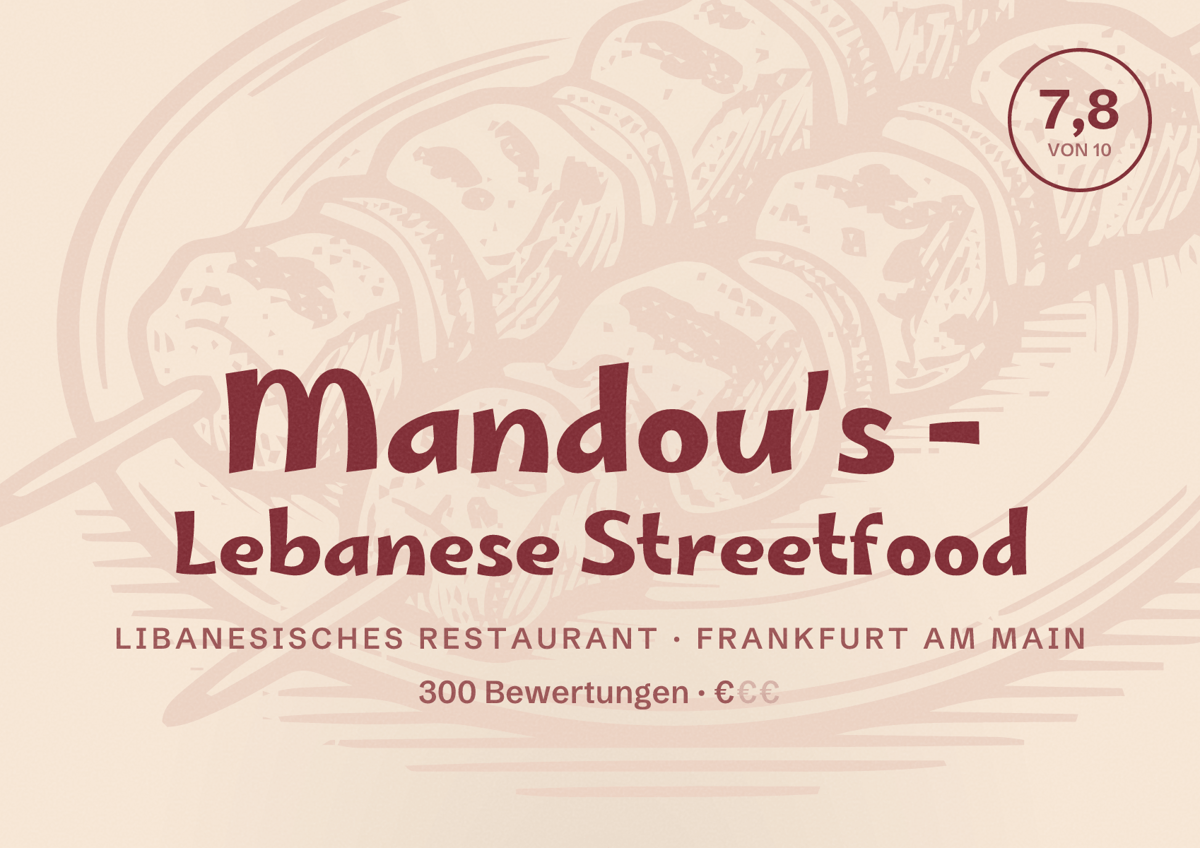 Illustriertes Poster von Mandou’s - Lebanese Streetfood, Libanesisches Restaurant in Frankfurt am Main: Bewertung 7,8 von 10 aus 300 Bewertungen, Preisniveau €