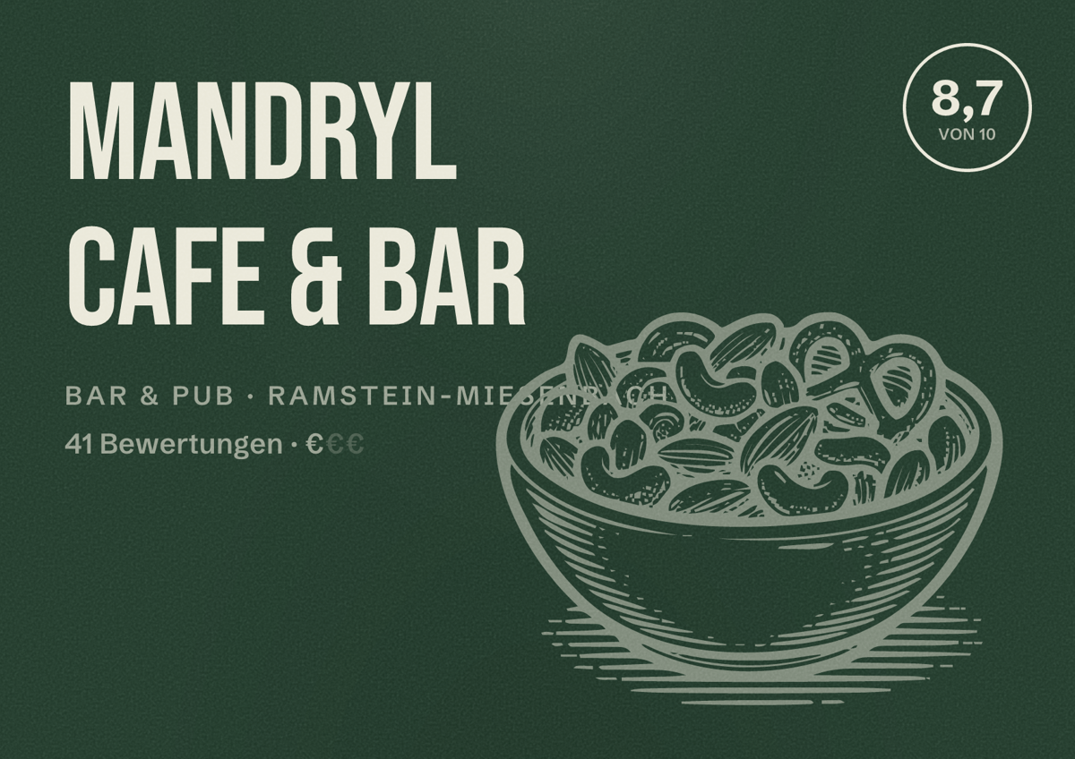 Illustriertes Poster von Mandryl Cafe & Bar, Bar & Pub in Ramstein-Miesenbach: Bewertung 8,7 von 10 aus 41 Bewertungen, Preisniveau €