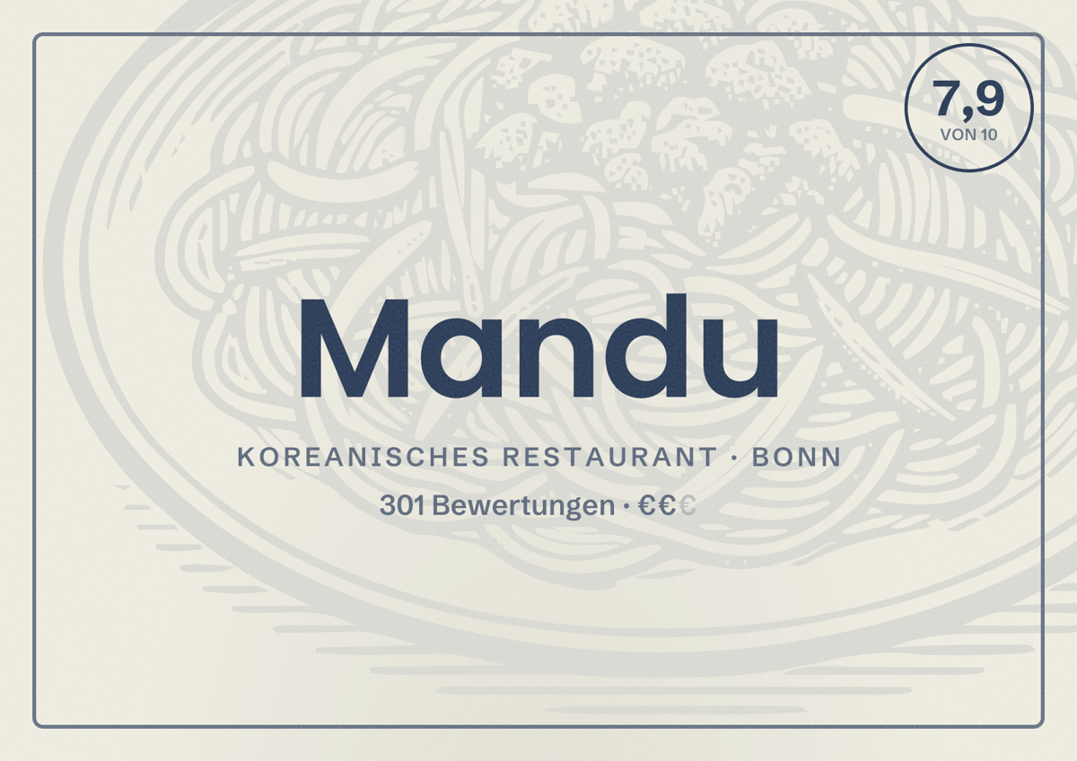 Illustriertes Poster von Mandu, Koreanisches Restaurant in Bonn: Bewertung 7,9 von 10 aus 301 Bewertungen, Preisniveau €€