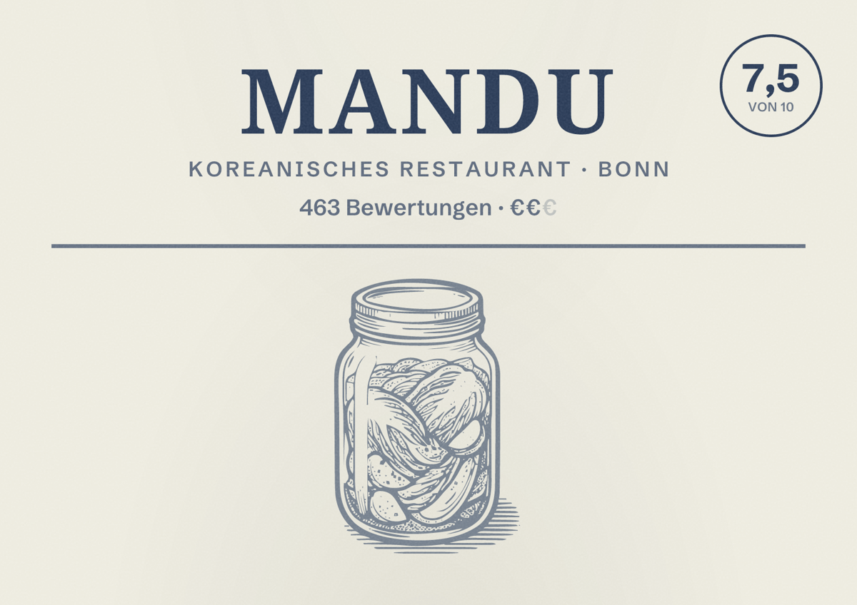 Illustriertes Poster von Mandu, Koreanisches Restaurant in Bonn: Bewertung 7,5 von 10 aus 463 Bewertungen, Preisniveau €€