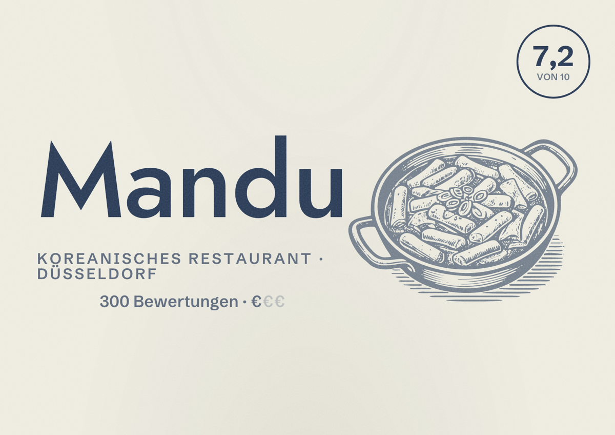 Illustriertes Poster von Mandu, Koreanisches Restaurant in Düsseldorf: Bewertung 7,2 von 10 aus 300 Bewertungen, Preisniveau €