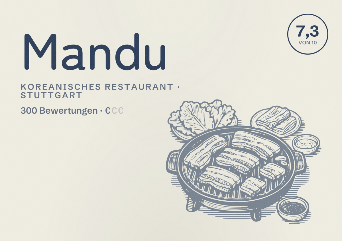 Illustriertes Poster von Mandu, Koreanisches Restaurant in Stuttgart: Bewertung 7,3 von 10 aus 300 Bewertungen, Preisniveau €