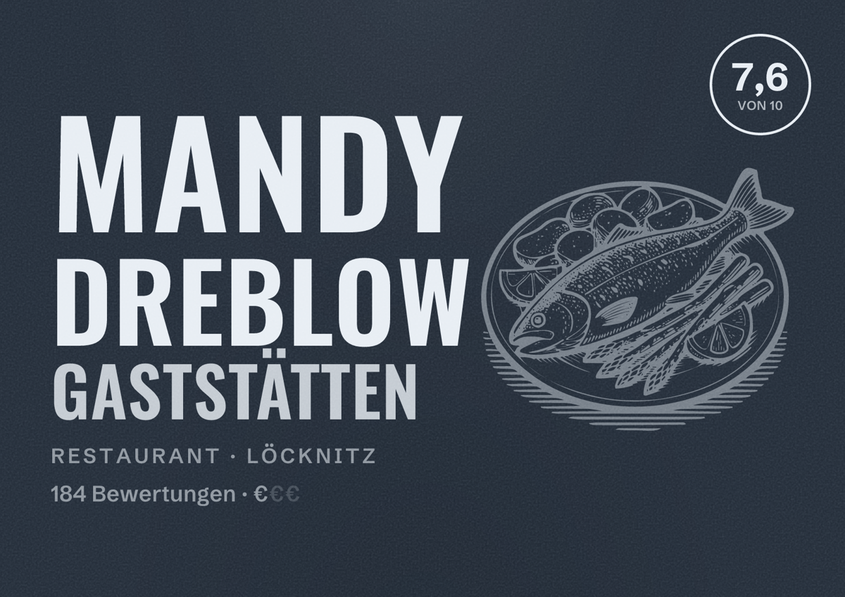 Illustriertes Poster von Mandy Dreblow Gaststätten, Restaurant in Löcknitz: Bewertung 7,6 von 10 aus 184 Bewertungen, Preisniveau €