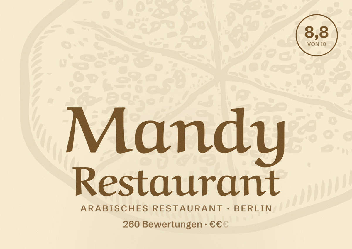 Illustriertes Poster von Mandy Restaurant, Arabisches Restaurant in Berlin: Bewertung 8,8 von 10 aus 260 Bewertungen, Preisniveau €€