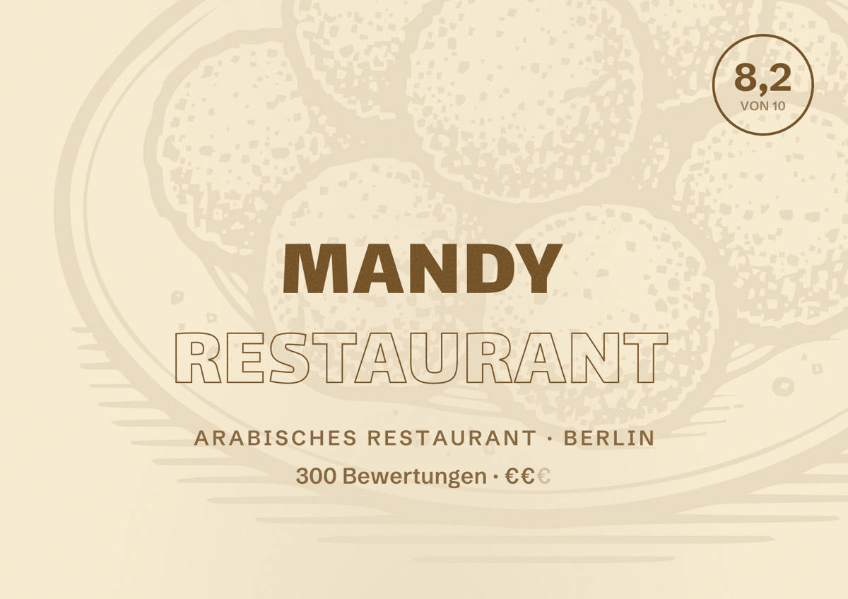 Illustriertes Poster von Mandy Restaurant, Arabisches Restaurant in Berlin: Bewertung 8,2 von 10 aus 300 Bewertungen, Preisniveau €€