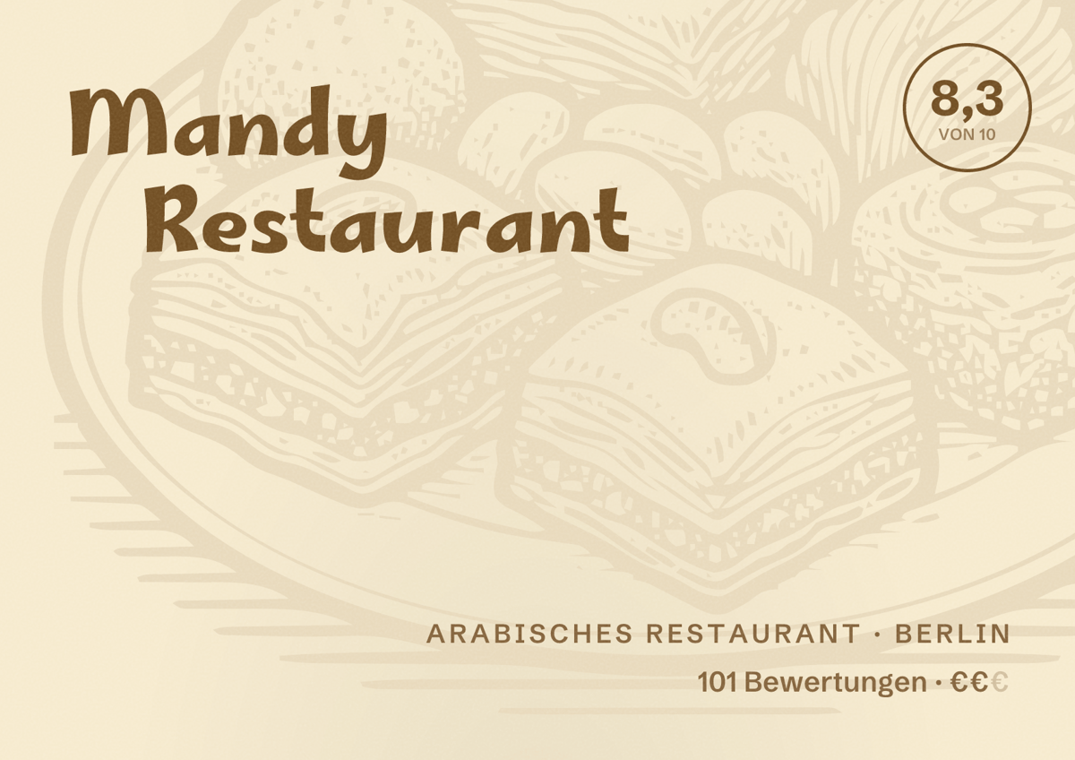 Illustriertes Poster von Mandy Restaurant, Arabisches Restaurant in Berlin: Bewertung 8,3 von 10 aus 101 Bewertungen, Preisniveau €€