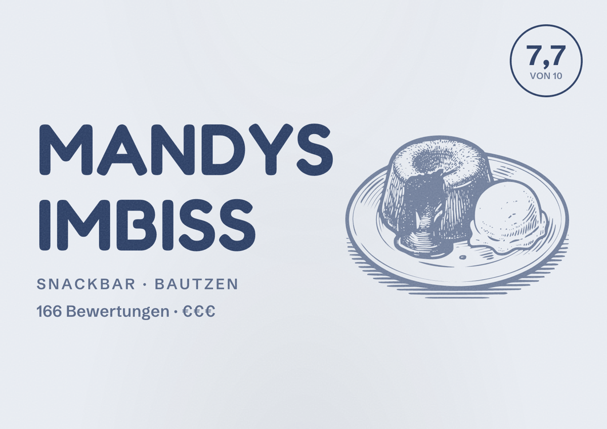 Illustriertes Poster von Mandys Imbiss, Snackbar in Bautzen: Bewertung 7,7 von 10 aus 166 Bewertungen, Preisniveau €€€