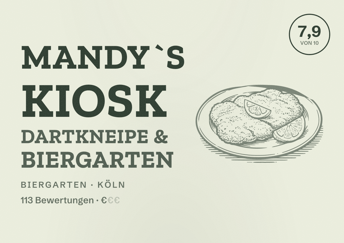 Illustriertes Poster von Mandy`s Kiosk Dartkneipe & Biergarten, Biergarten in Köln: Bewertung 7,9 von 10 aus 113 Bewertungen, Preisniveau €