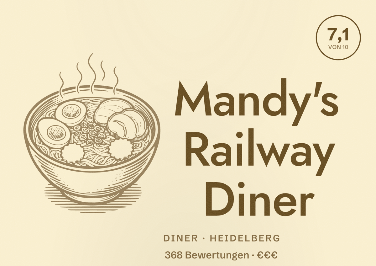 Illustriertes Poster von Mandy's Railway Diner, Diner in Heidelberg: Bewertung 7,1 von 10 aus 368 Bewertungen, Preisniveau €€€