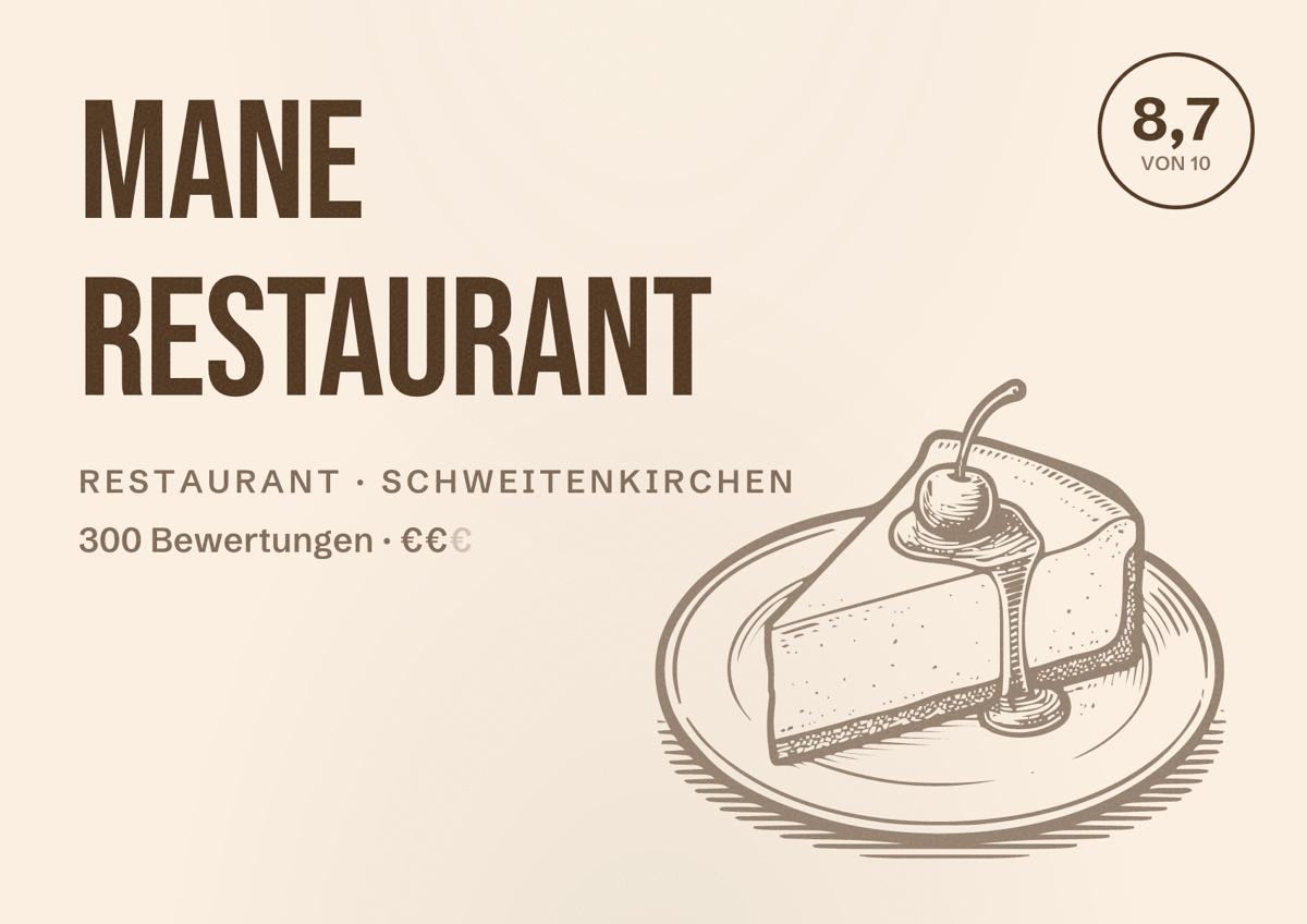 Illustriertes Poster von Mane Restaurant, Restaurant in Schweitenkirchen: Bewertung 8,7 von 10 aus 300 Bewertungen, Preisniveau €€